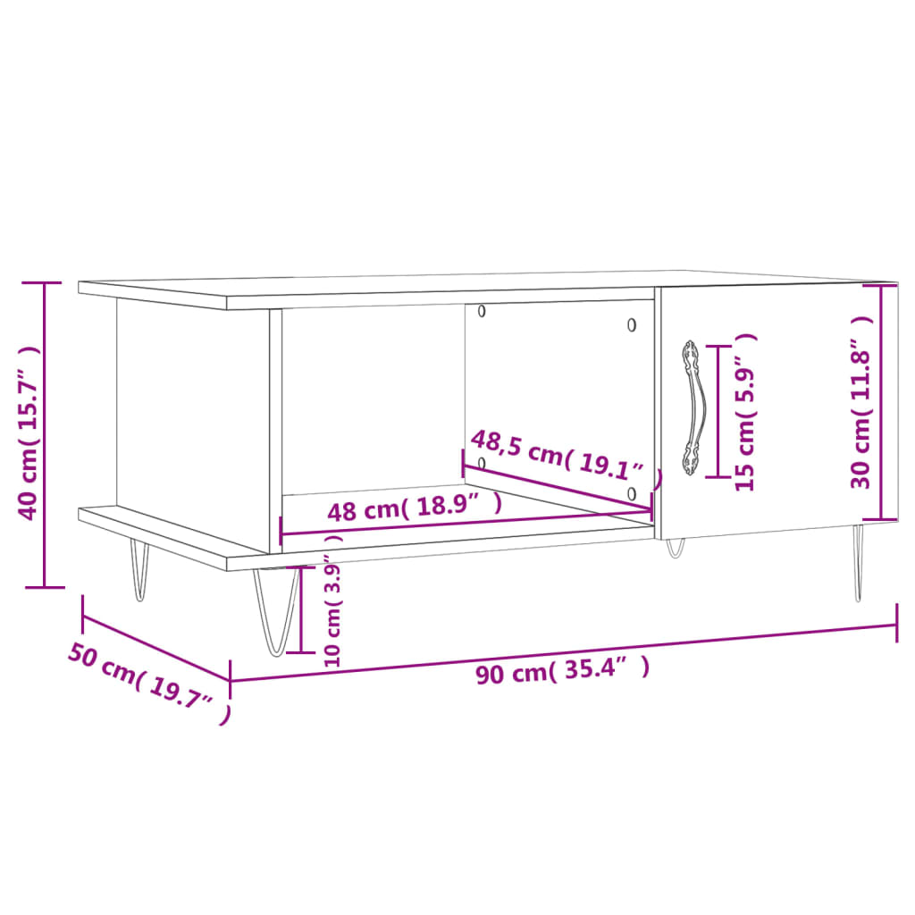 vidaXL Mesa de centro madera contrachapada roble marrón 90x50x40 cm