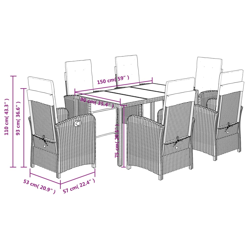 vidaXL Set de comedor de jardín 7 pzas y cojines ratán sintético negro