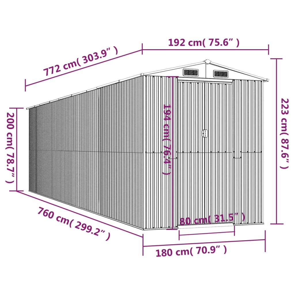 vidaXL Cobertizo de jardín acero galvanizado antracita 192x772x223 cm