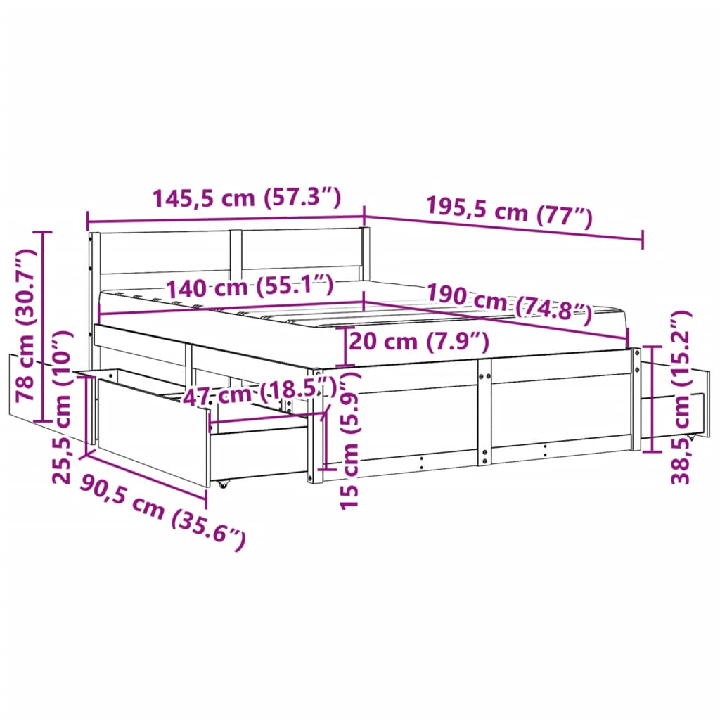 vidaXL Cama con cajones y colchón madera maciza pino blanco 140x190 cm