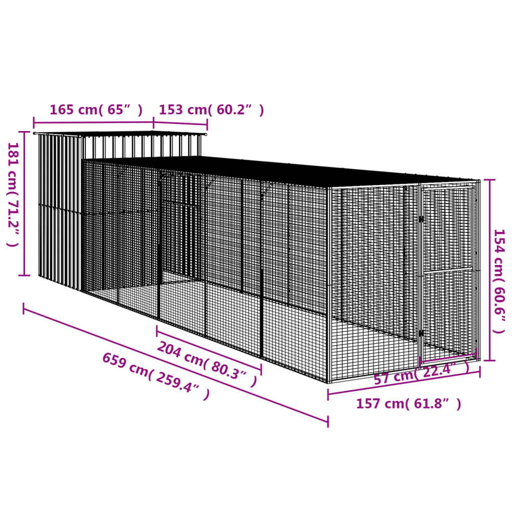 vidaXL Gallinero con corral acero galvanizado gris claro 165x659x181cm