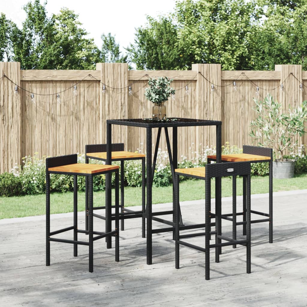 vidaXL Mesa bar y taburetes jardín 5 pzas madera acacia ratán PE negro