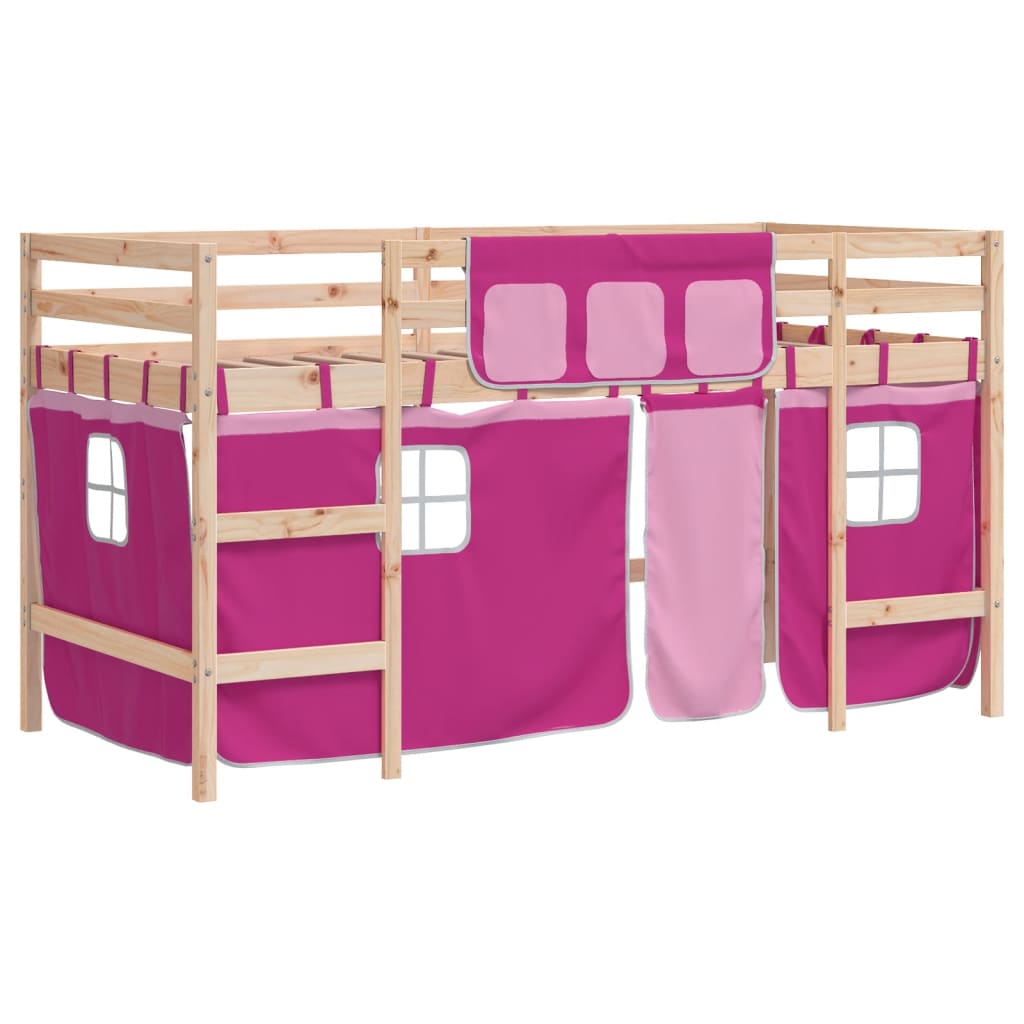 vidaXL Cama alta para niños con cortinas madera pino rosa 90x200 cm