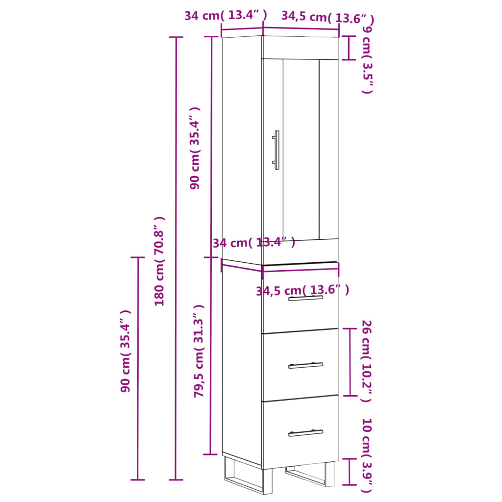 vidaXL Aparador alto madera contrachapada gris Sonoma 34,5x34x180 cm