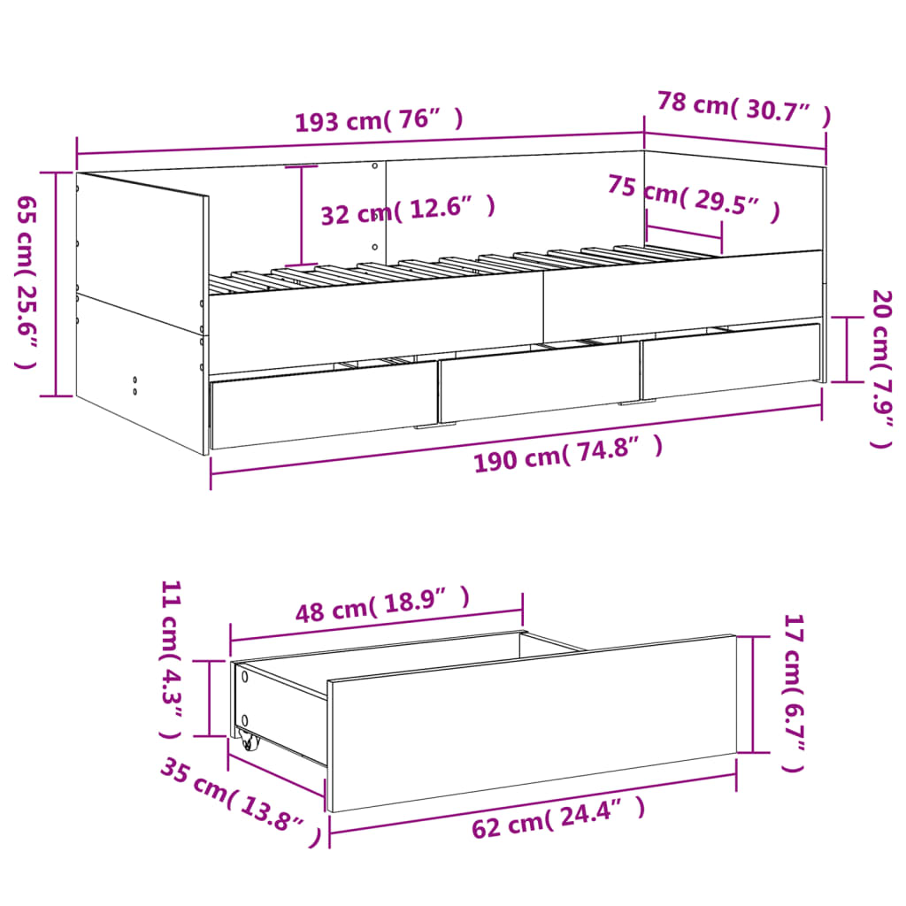 vidaXL Sofá cama con cajones sin colchón roble marrón 75x190 cm