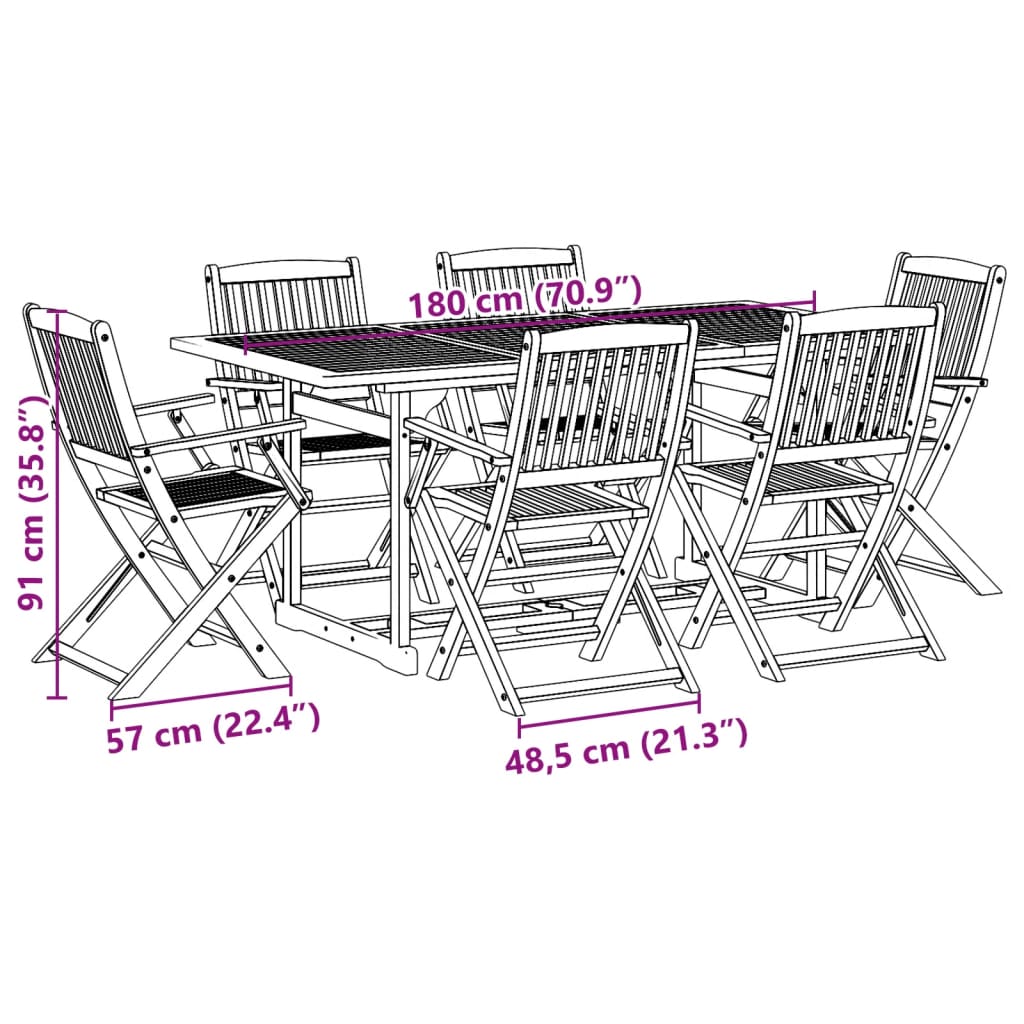 vidaXL Juego comedor de jardín 7 pzas madera maciza acacia 180x90x75cm