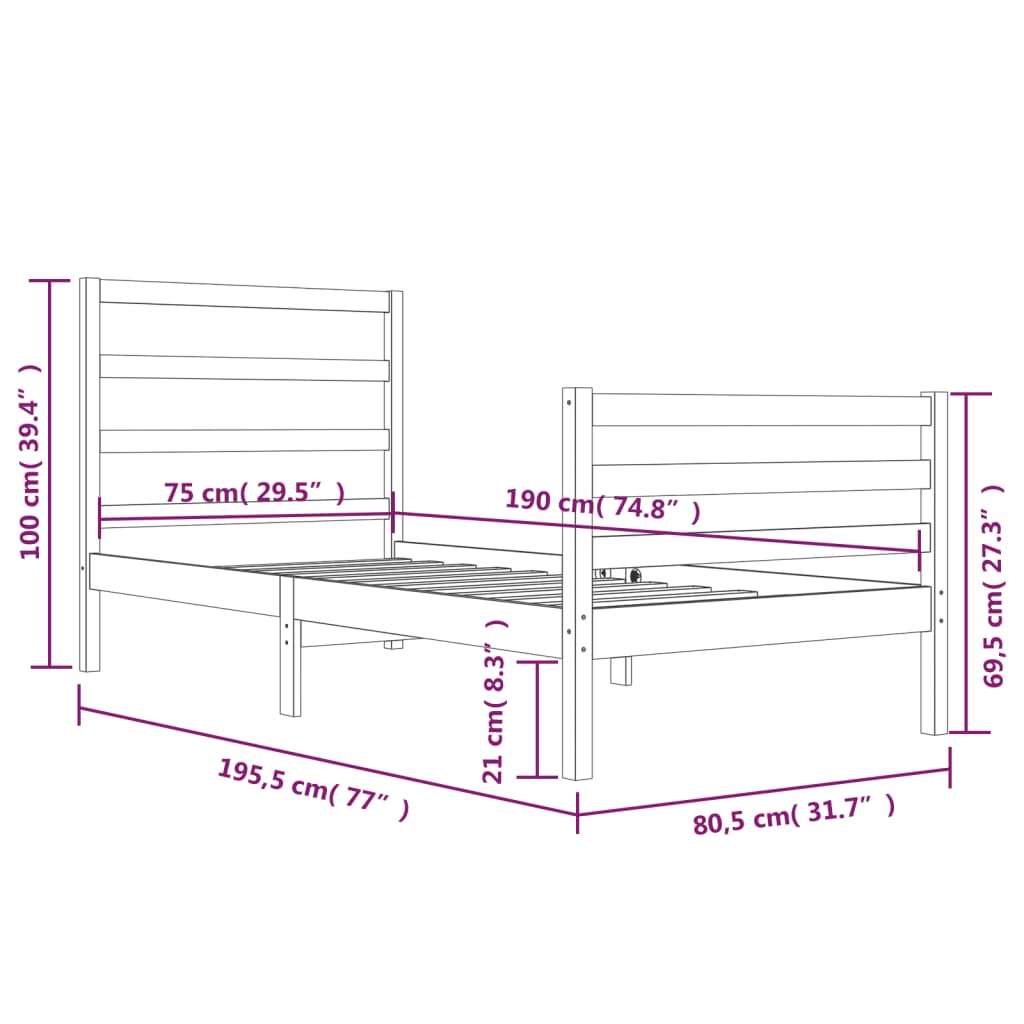 vidaXL Estructura de cama madera maciza de pino negro 75x190 cm