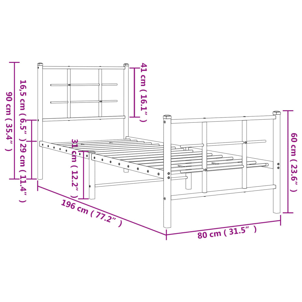 vidaXL Estructura cama sin colchón con estribo metal negro 75x190 cm