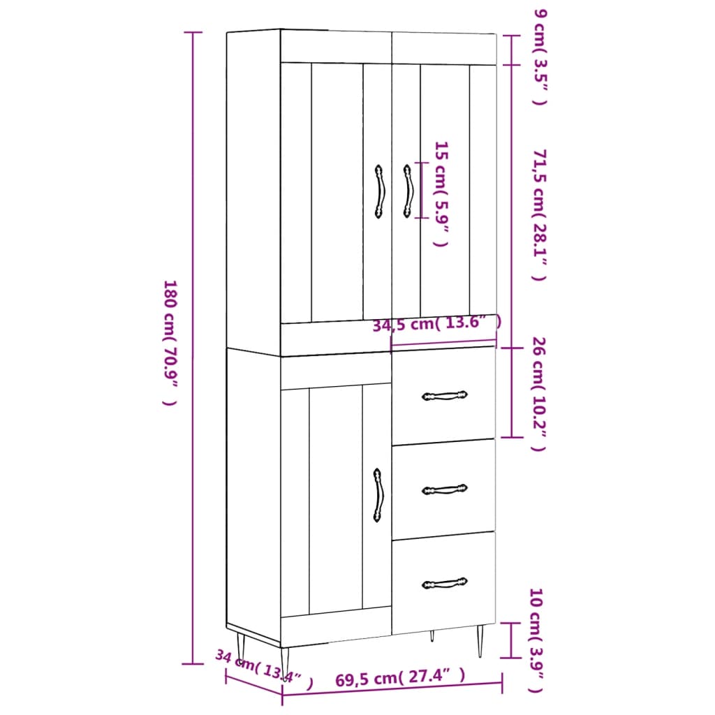 vidaXL Aparador alto madera contrachapada blanco 69,5x34x180 cm