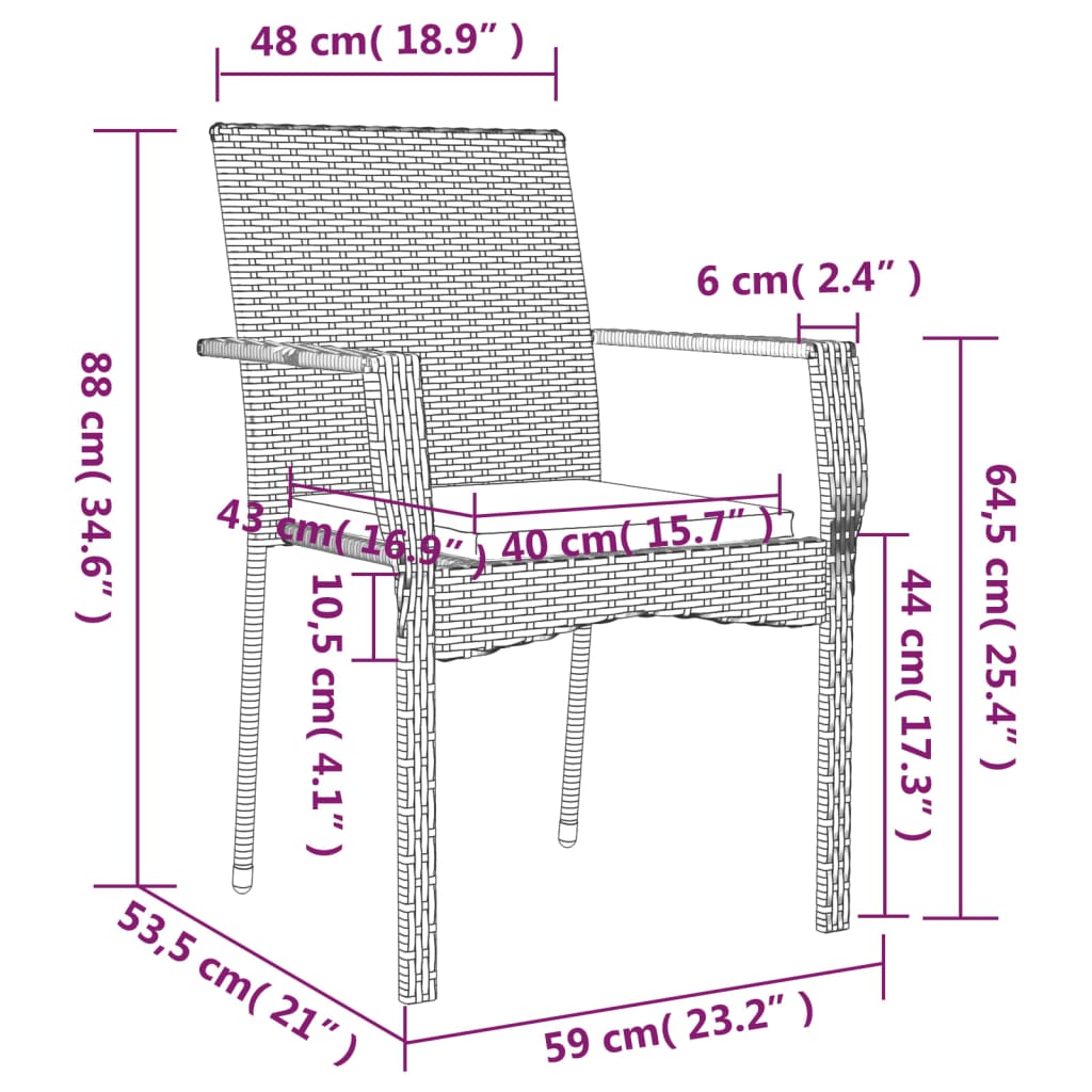 vidaXL Set comedor jardín 3 pzas y cojines ratán sintético negro gris