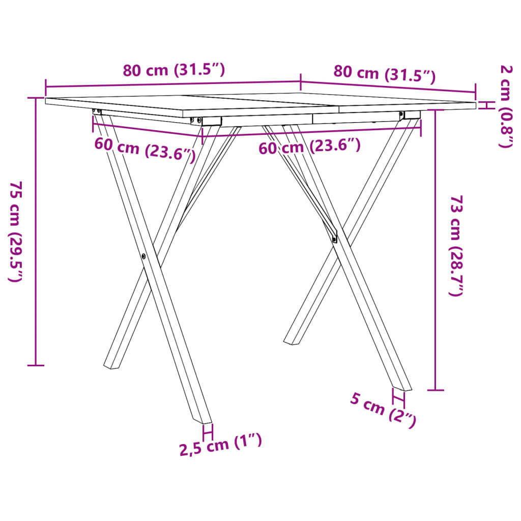 vidaXL Mesa de comedor marco X madera maciza pino y hierro 80x80x75 cm