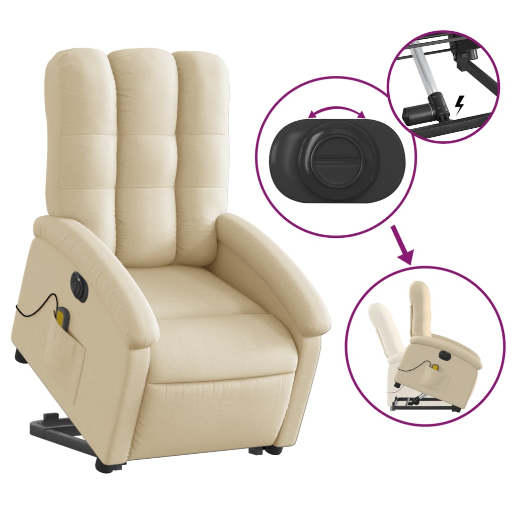 vidaXL Sillón de masaje eléctrico reclinable elevable tela crema