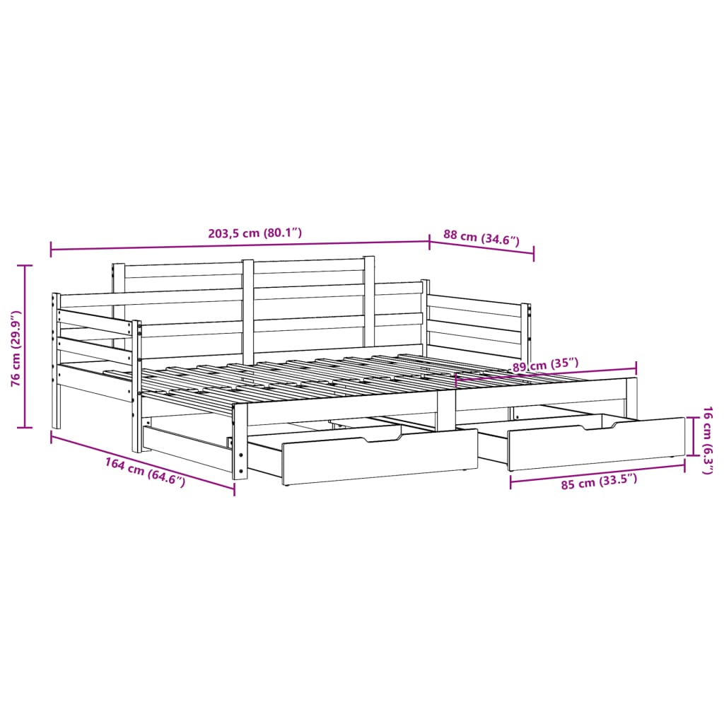 vidaXL Sofá cama nido con cajones madera maciza pino blanca 80x200 cm