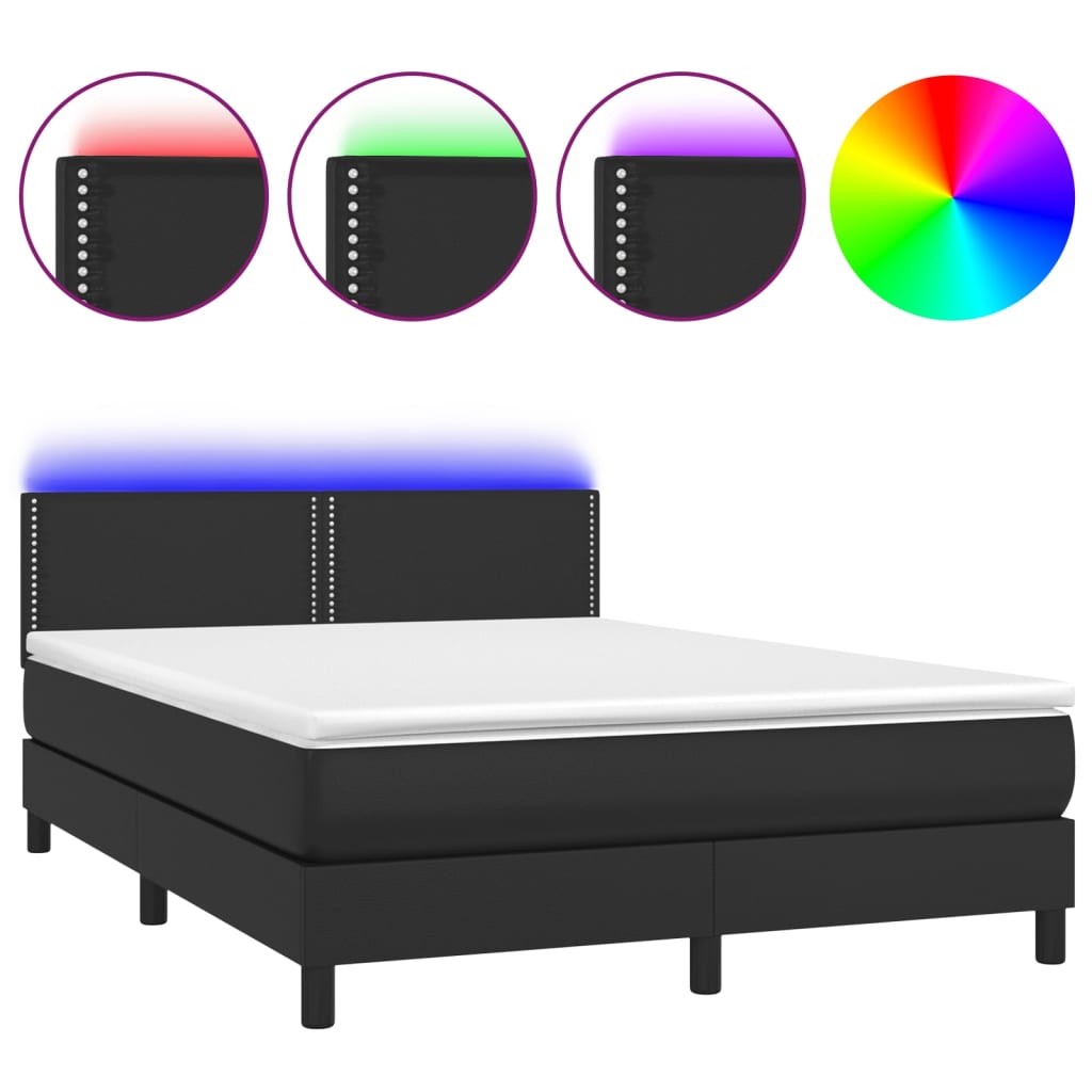 vidaXL Cama box spring colchón y LED cuero sintético negro 140x190 cm