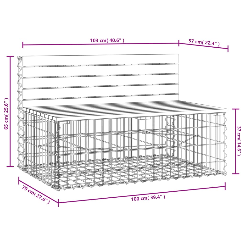 vidaXL Banco de jardín diseño gaviones madera maciza pino 103x70x65 cm