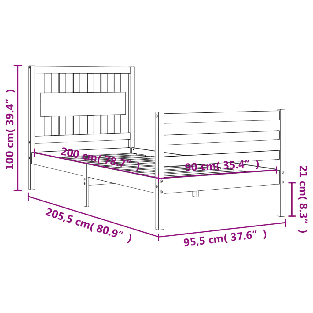 vidaXL Estructura de cama con cabecero madera maciza 90x200 cm