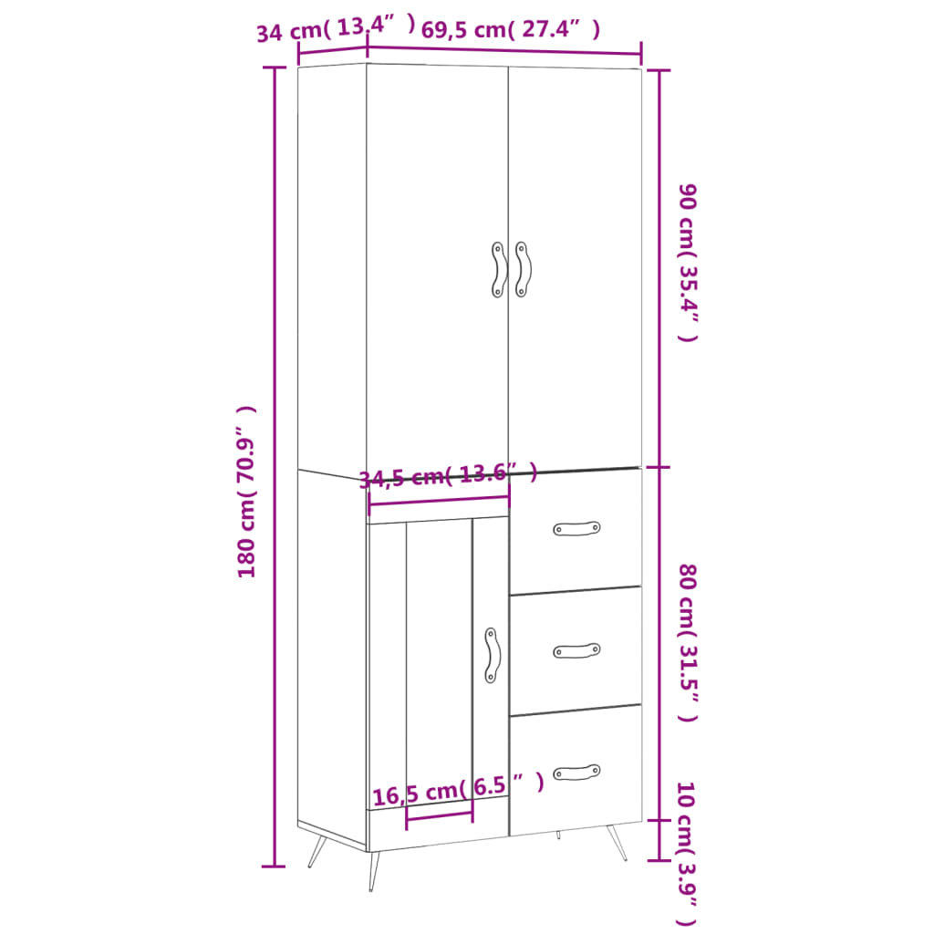 vidaXL Aparador alto madera contrachapada gris hormigón 69,5x34x180 cm