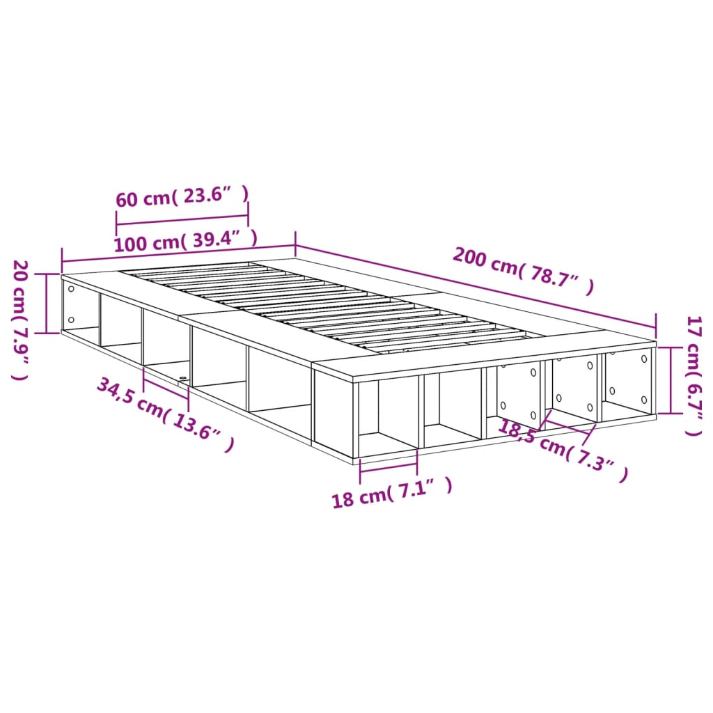 vidaXL Estructura de cama madera de ingeniería gris Sonoma 100x200 cm