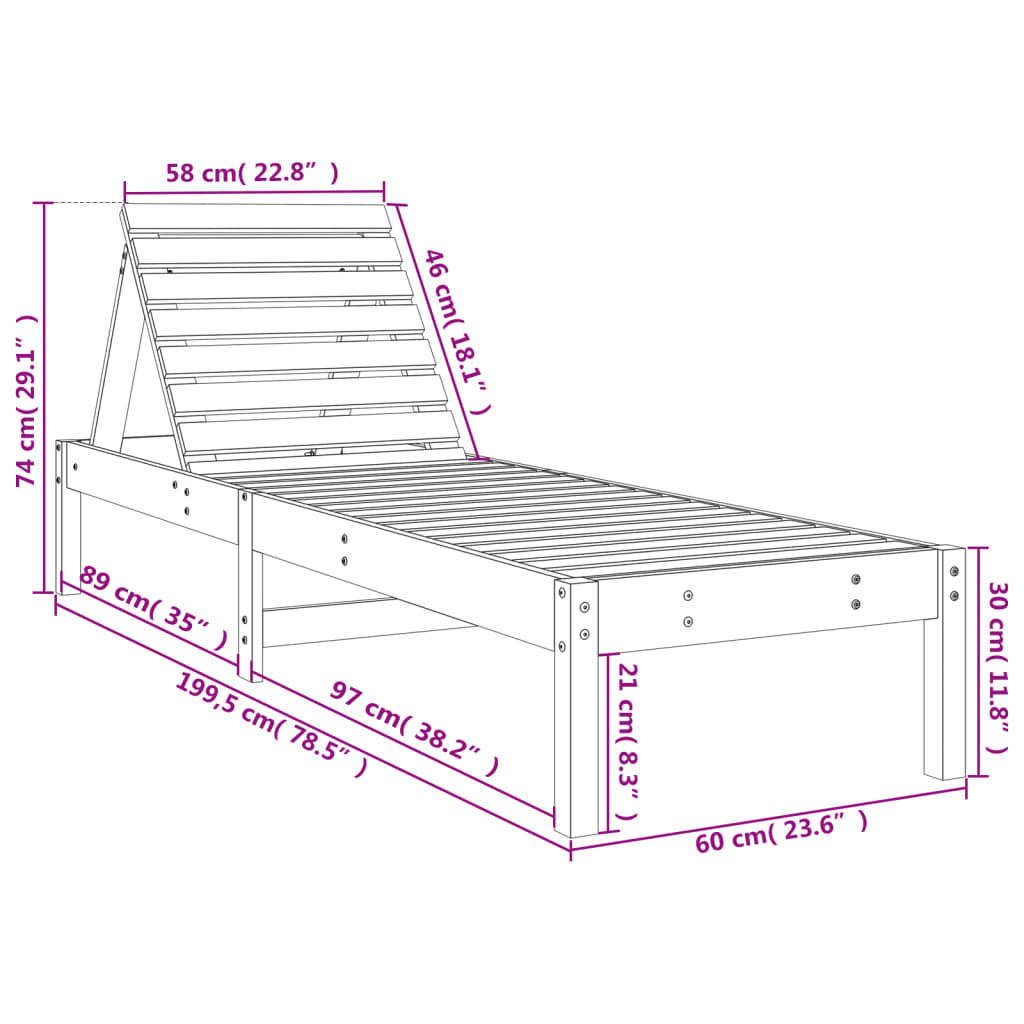 vidaXL Tumbonas 2 unidades madera maciza de pino blanco 199,5x60x74 cm