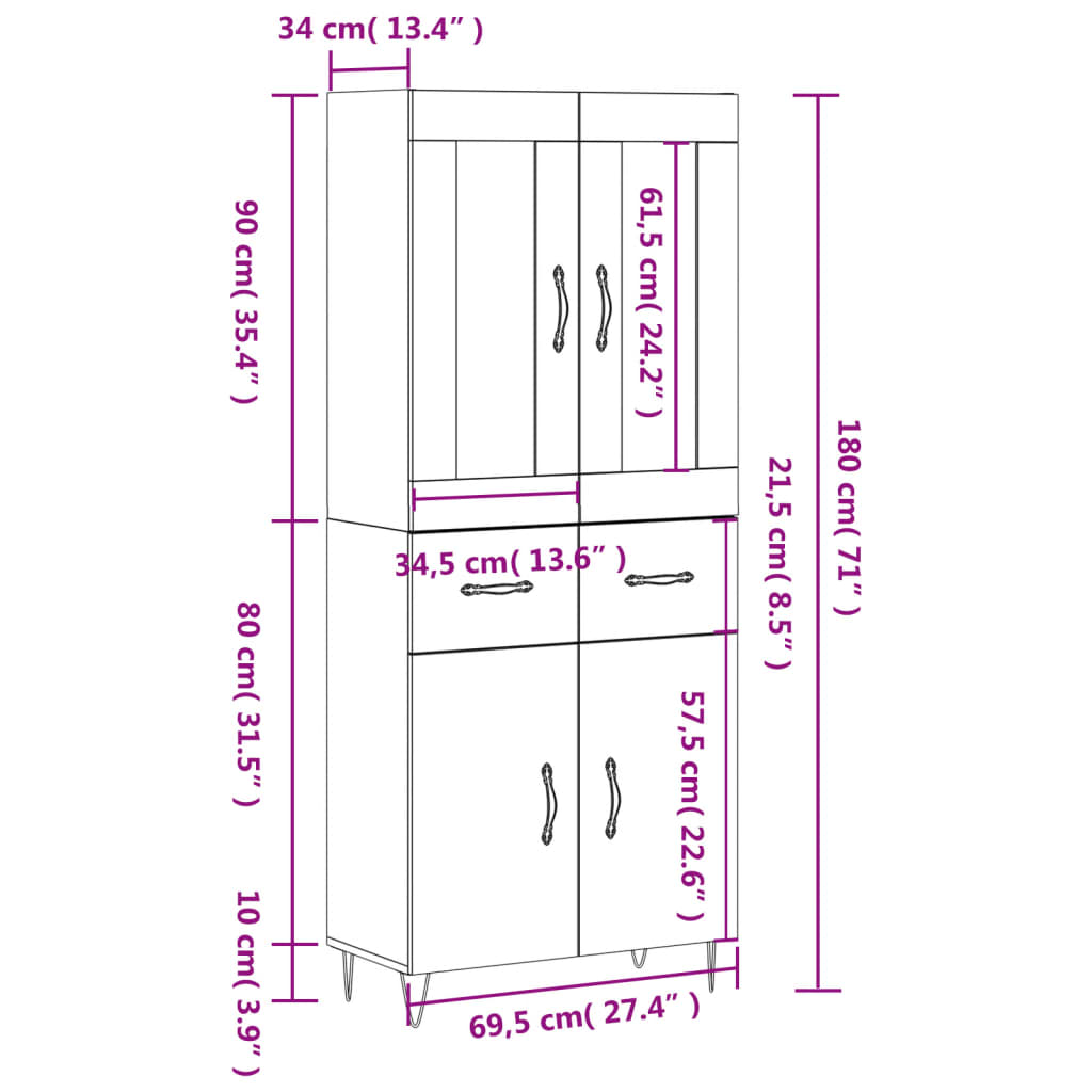 vidaXL Aparador alto madera contrachapada blanco 69,5x34x180 cm