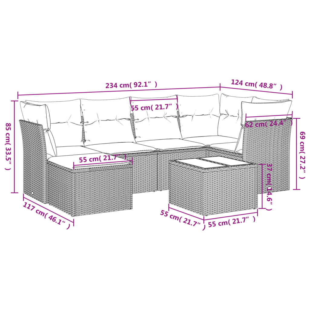 vidaXL Set de comedor de jardín 7 pzas y cojines ratán sintético negro