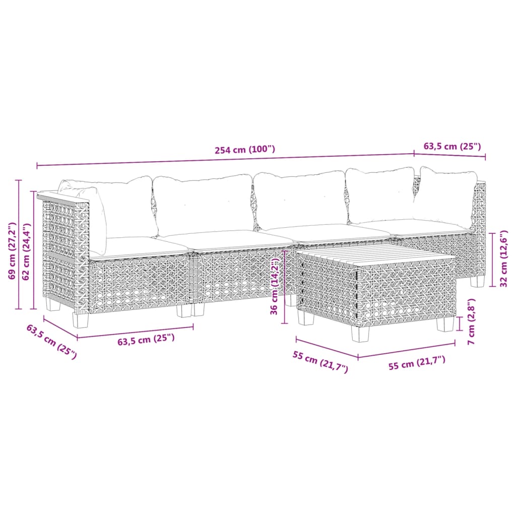 vidaXL Set de muebles de jardín 5 pzas y cojines ratán sintético negro