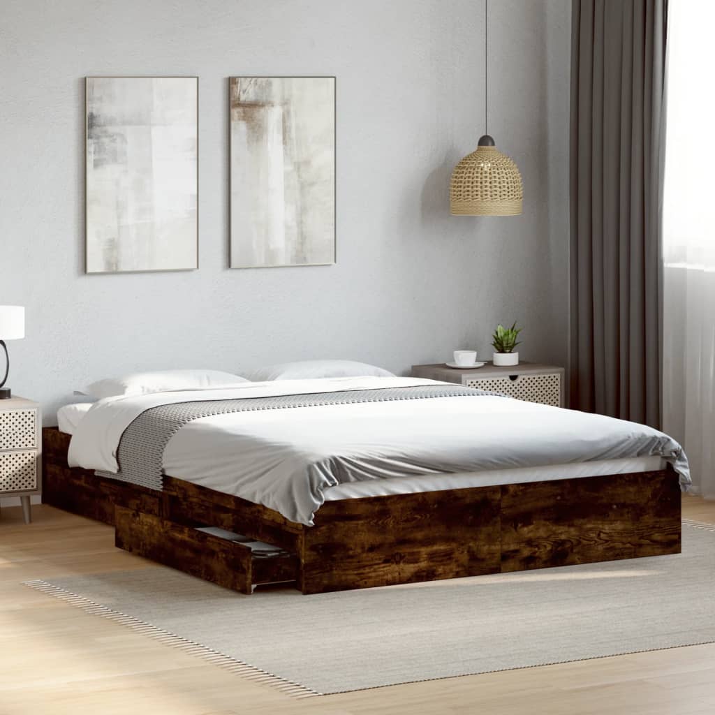 vidaXL Cama con cajones madera de ingeniería roble ahumado 160x200 cm