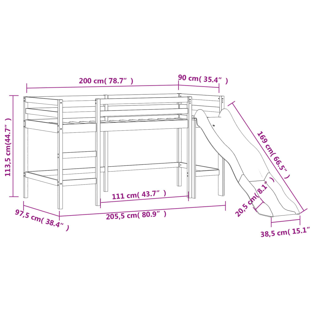 vidaXL Cama alta para niños con torre madera pino azul 90x200 cm