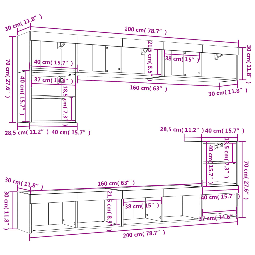 vidaXL Muebles TV pared con LED 8 pzas madera ingeniería marrón roble