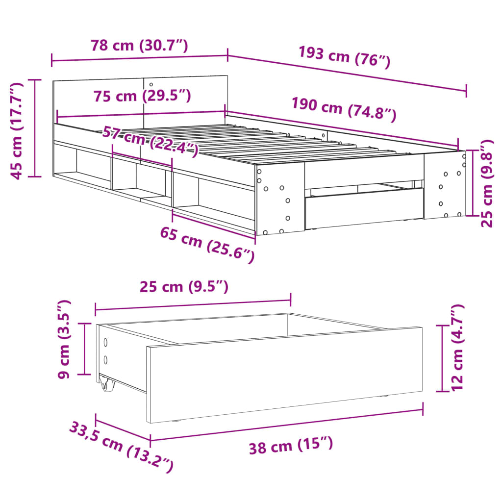 vidaXL Cama con cajón madera de ingeniería marrón roble 75x190 cm