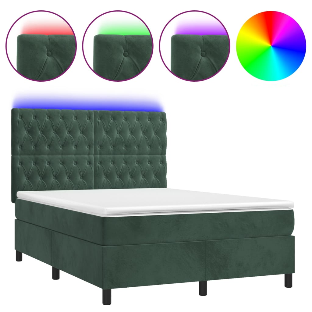 vidaXL Cama box spring colchón y LED terciopelo verde oscuro 140x190cm