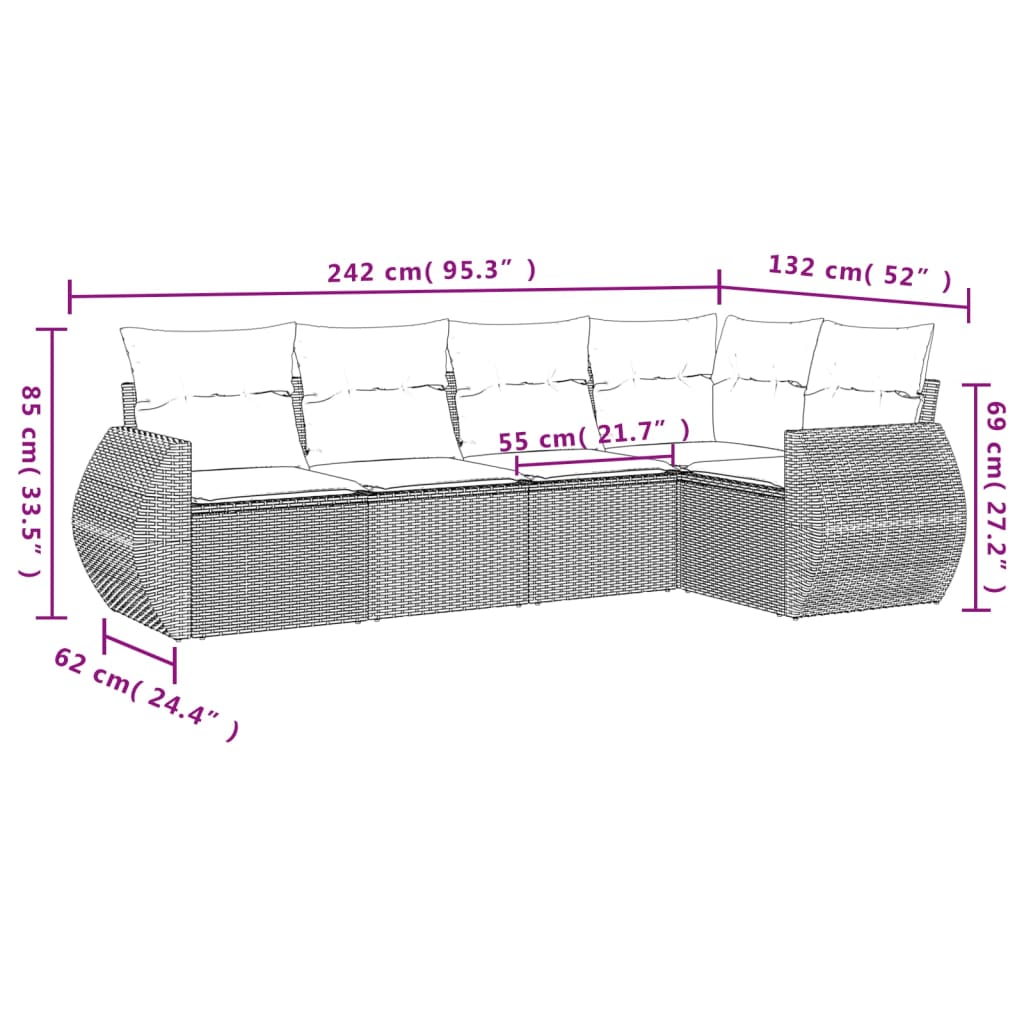 vidaXL Set de muebles de jardín 5 pzas y cojines ratán sintético negro