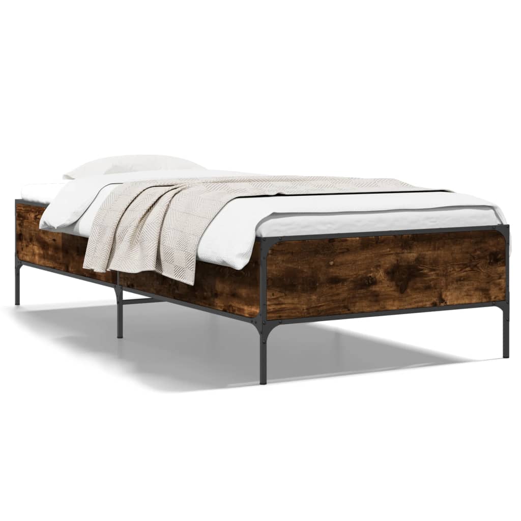 vidaXL Estructura cama madera ingeniería metal roble ahumado 90x200 cm