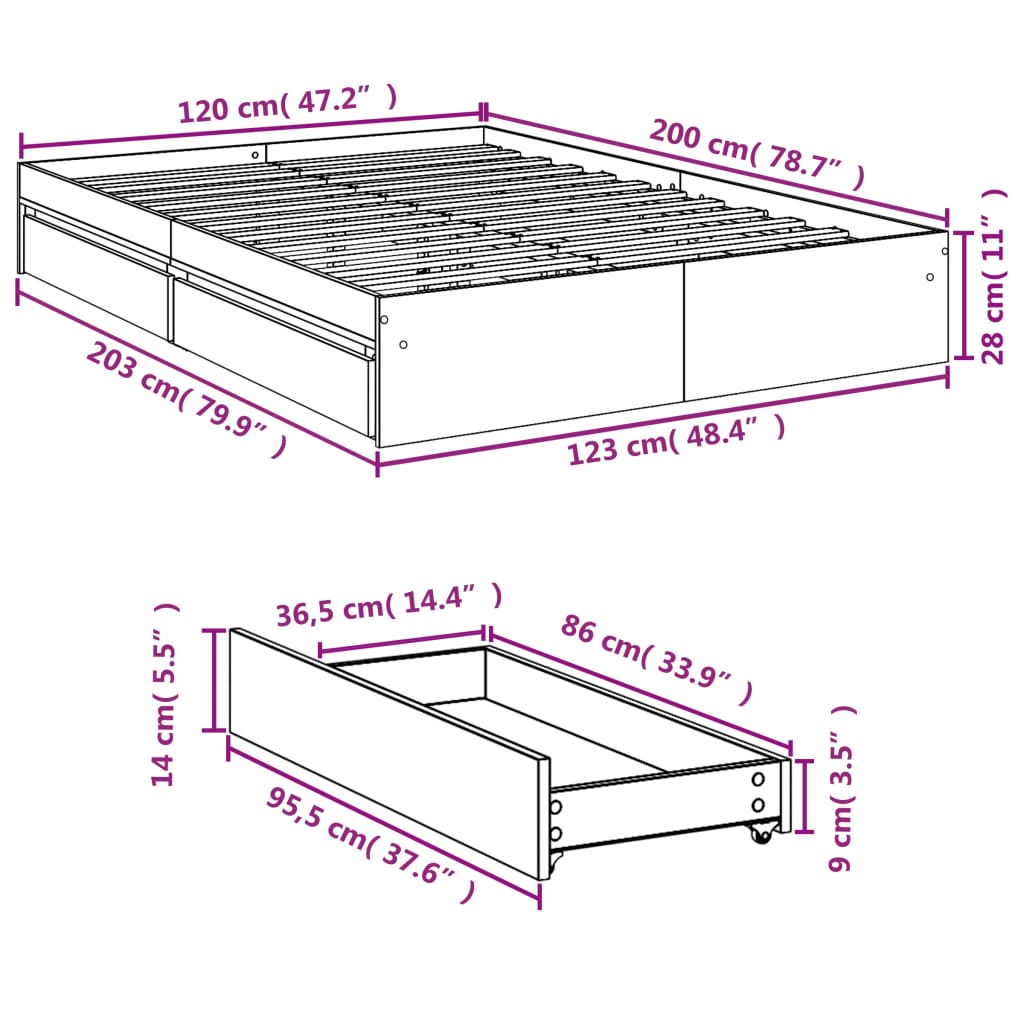 vidaXL Cama con cajones madera ingeniería gris Sonoma 120x200 cm