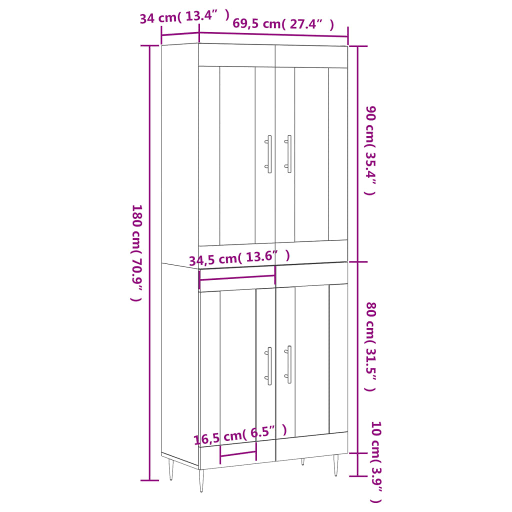 vidaXL Aparador alto madera contrachapada gris sonoma 69,5x34x180 cm