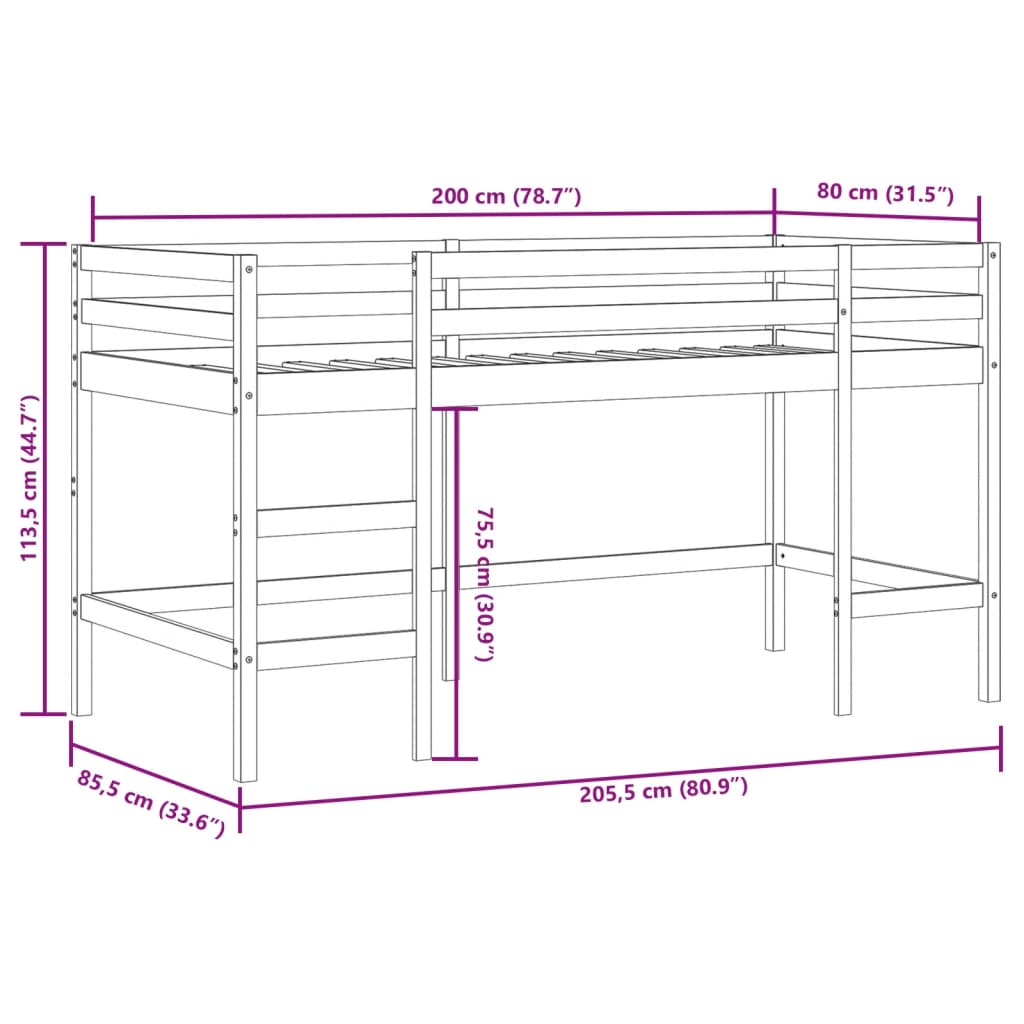 vidaXL Cama alta niños con cortinas madera pino blanco negro 80x200 cm