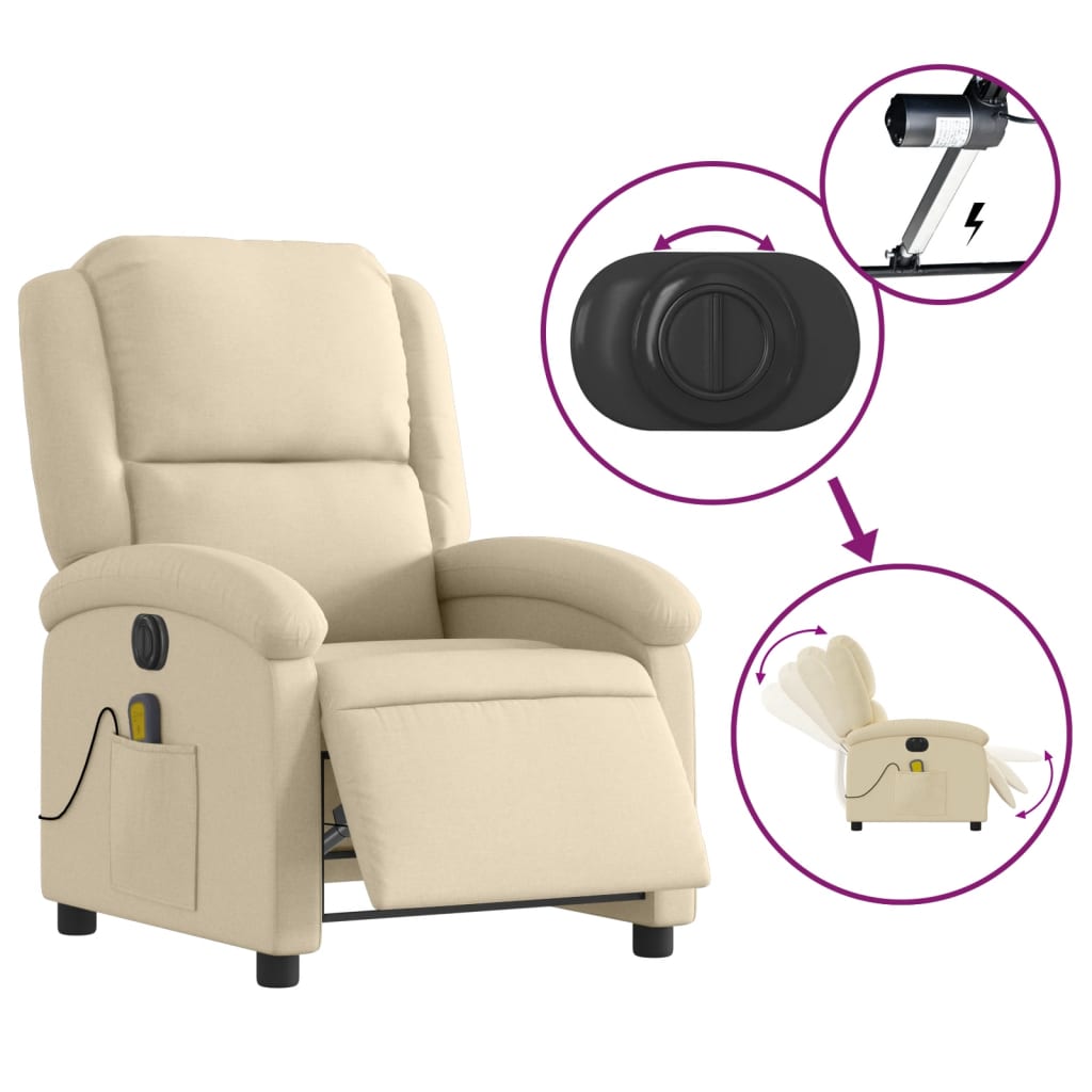 vidaXL Sillón reclinable de masaje eléctrico tela color crema