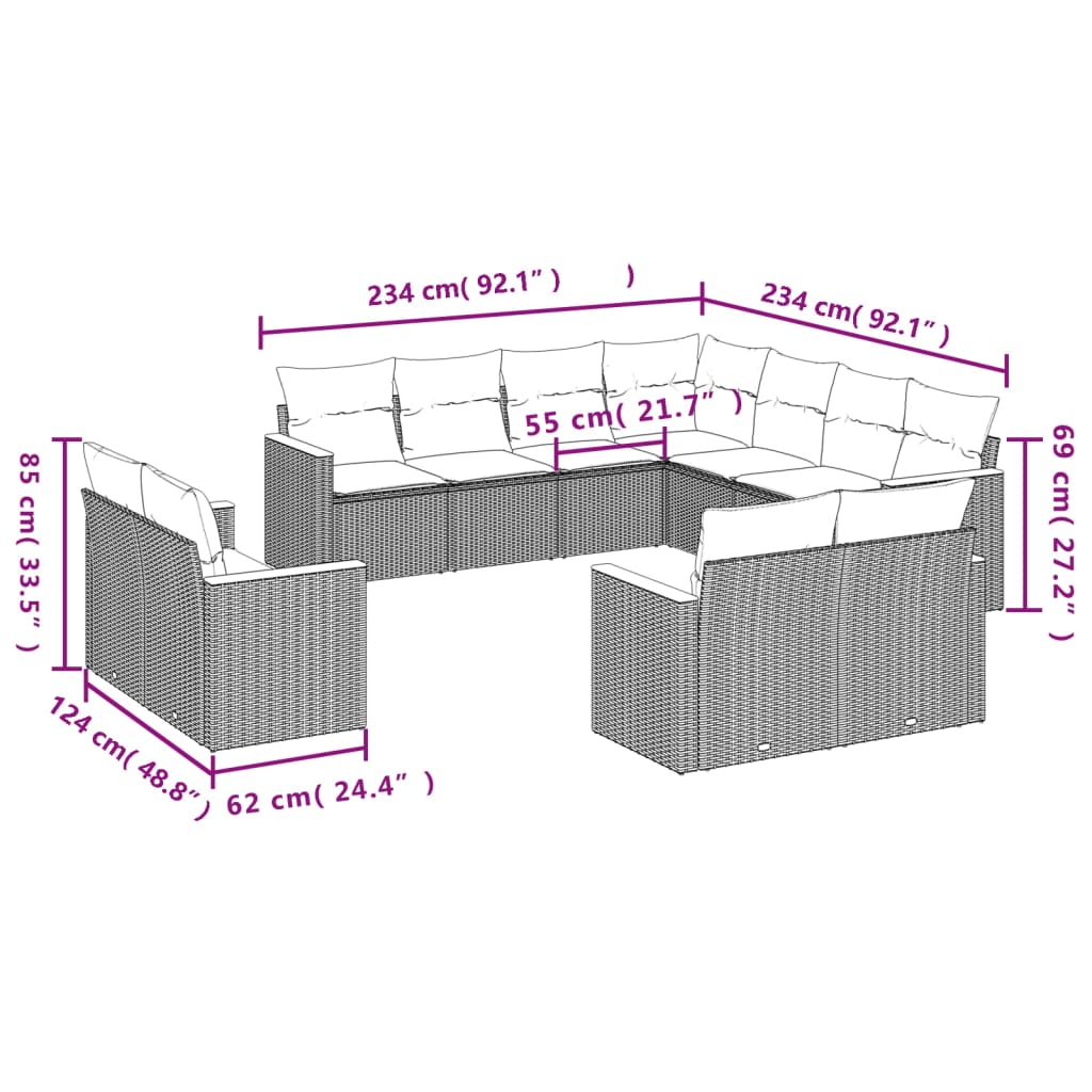 vidaXL Set de sofás de jardín 11 pzas y cojines ratán sintético negro