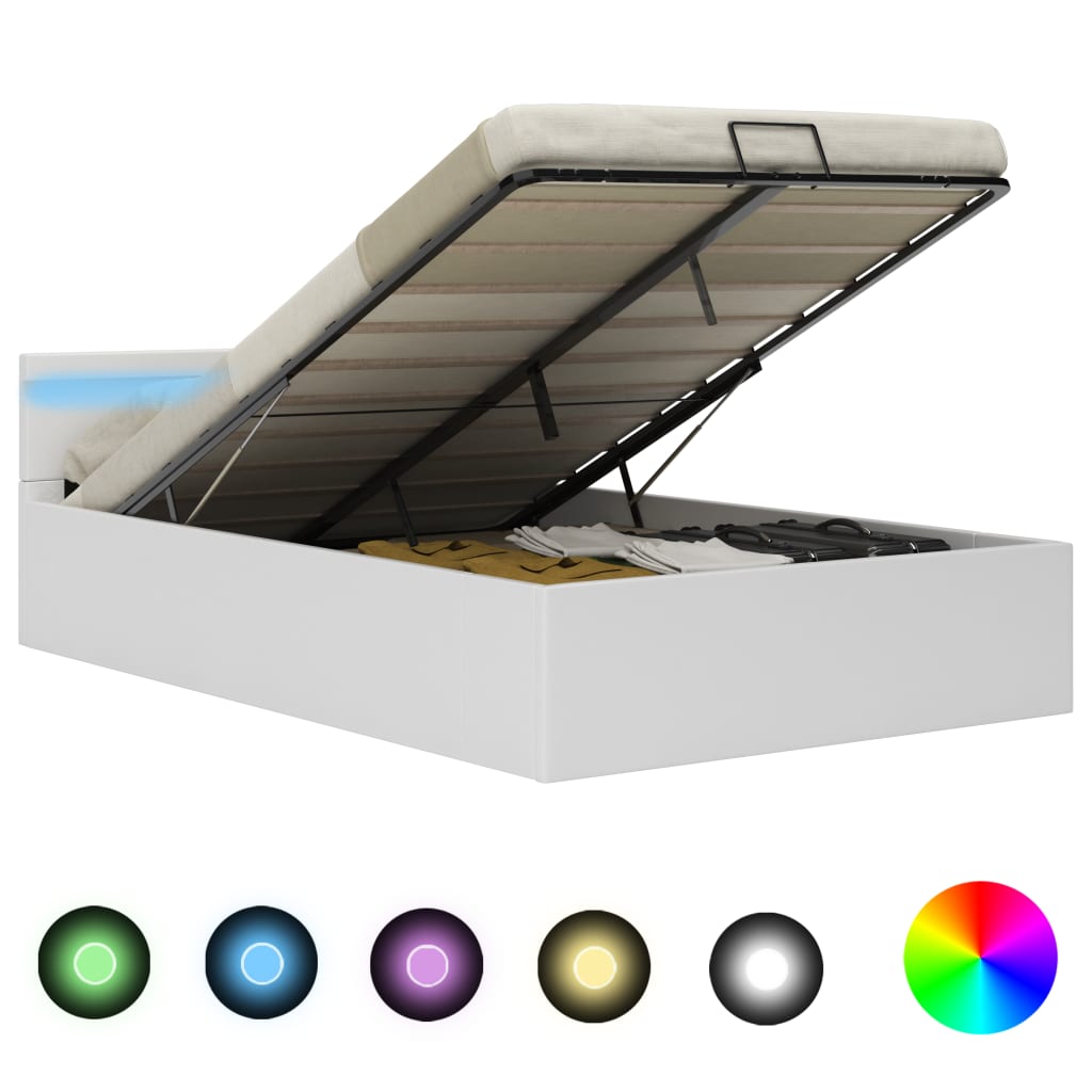 vidaXL Cama canapé hidráulica con LED cuero sintético blanco 140x200cm