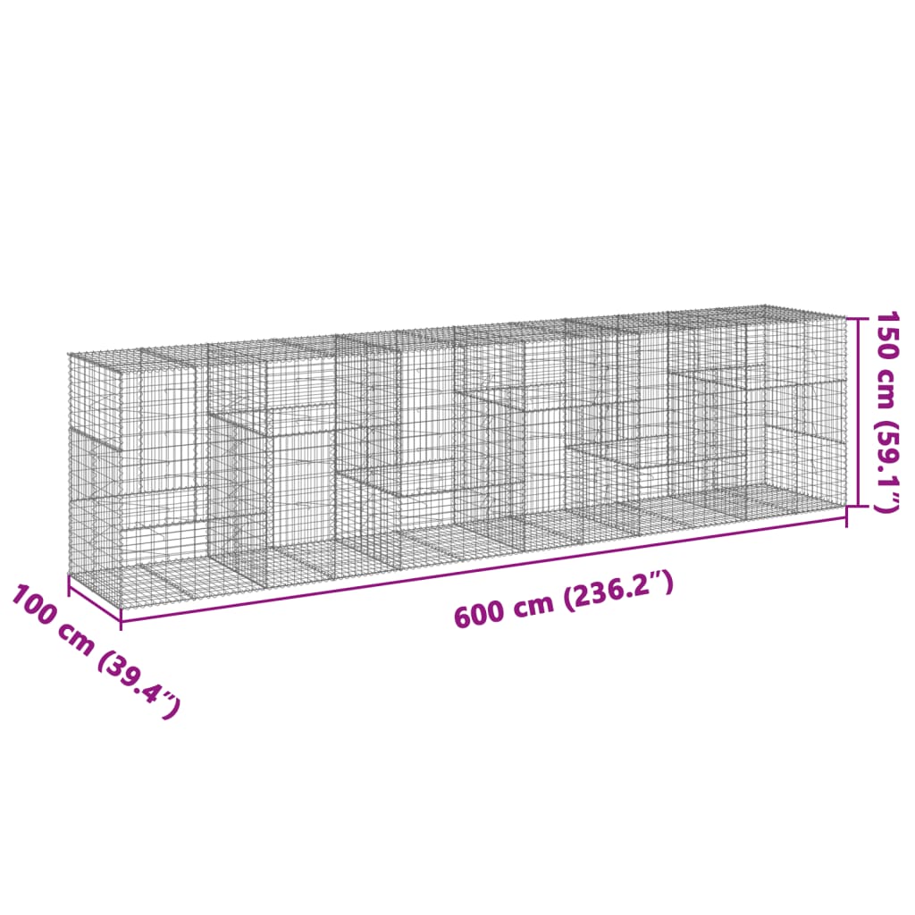 vidaXL Cesta de gaviones con cubierta hierro galvanizado 600x100x150cm