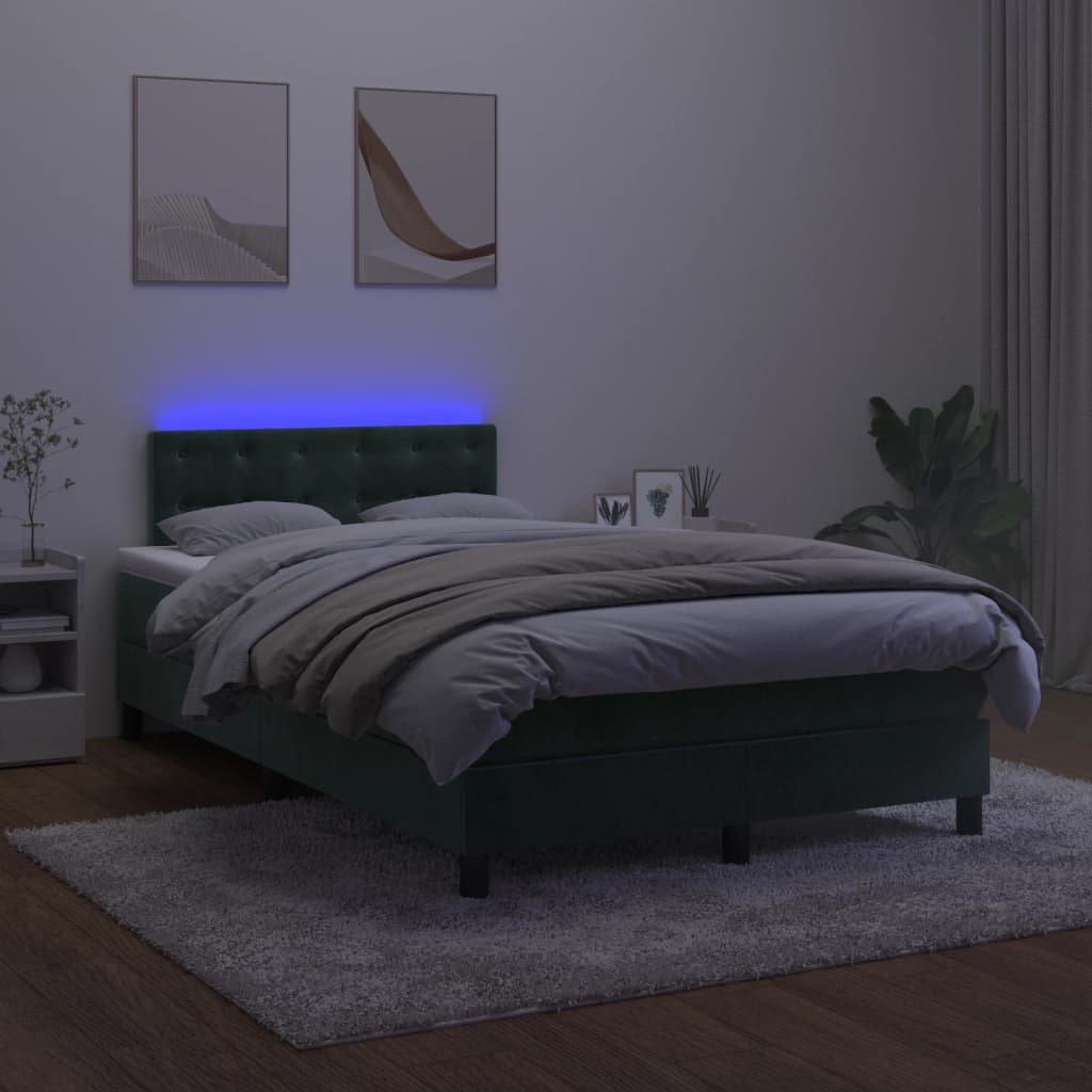 vidaXL Cama box spring colchón y LED terciopelo verde oscuro 120x190cm