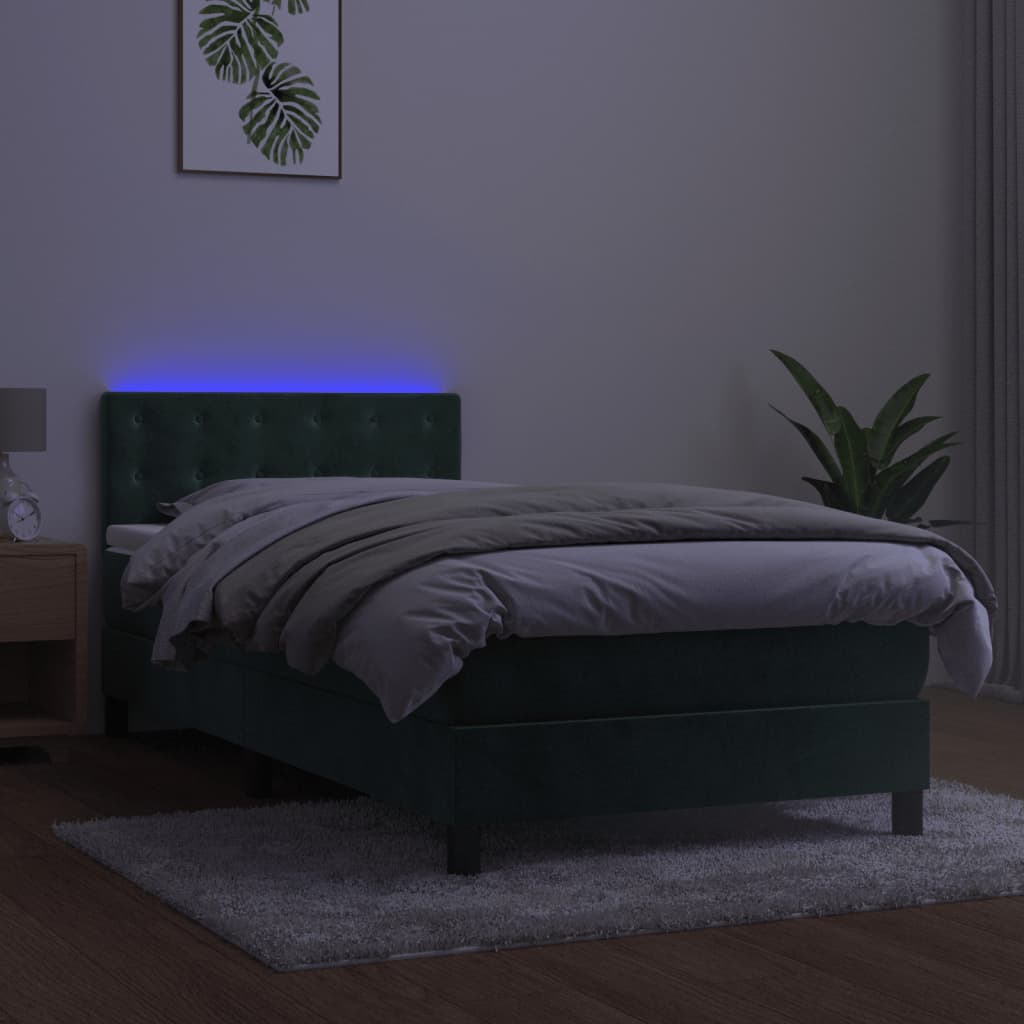 vidaXL Cama box spring colchón y LED terciopelo verde oscuro 90x190 cm