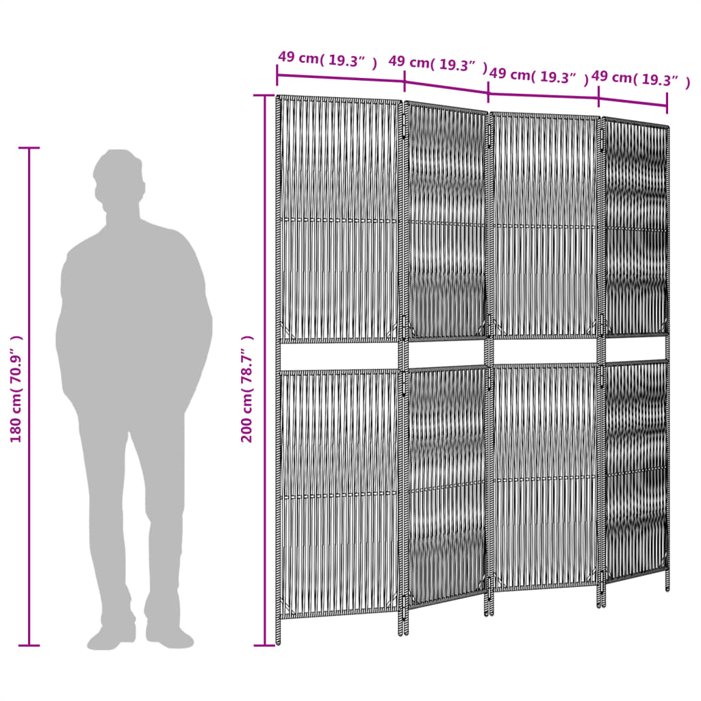 vidaXL Biombo de 4 paneles ratán sintético gris