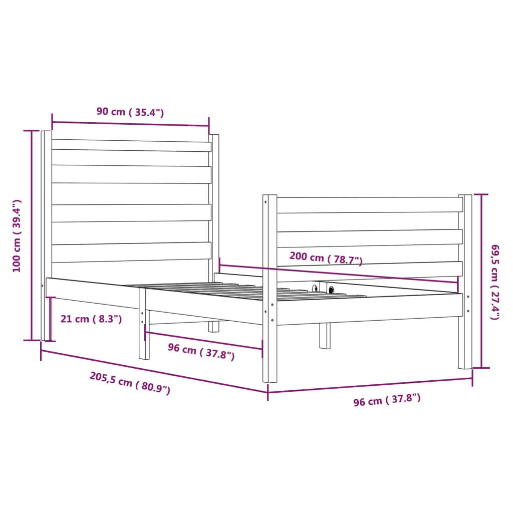 vidaXL Estructura de cama de madera maciza pino 90x200 cm marrón miel