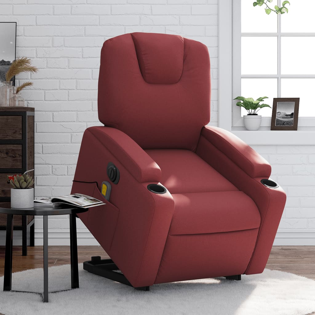 vidaXL Sillón de masaje elevable eléctrico cuero artificial rojo tinto