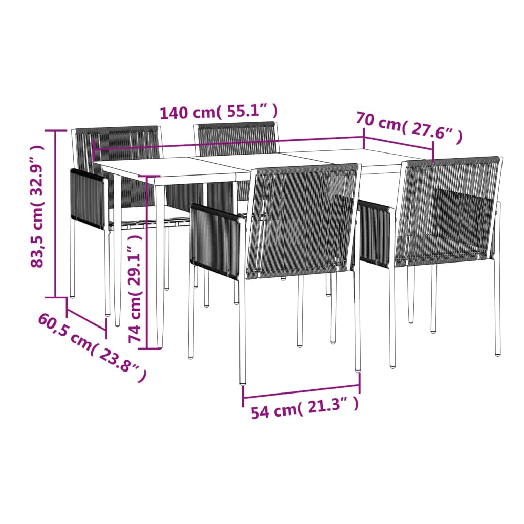 vidaXL Set comedor jardín 5 pzas y cojines acero ratán sintético negro