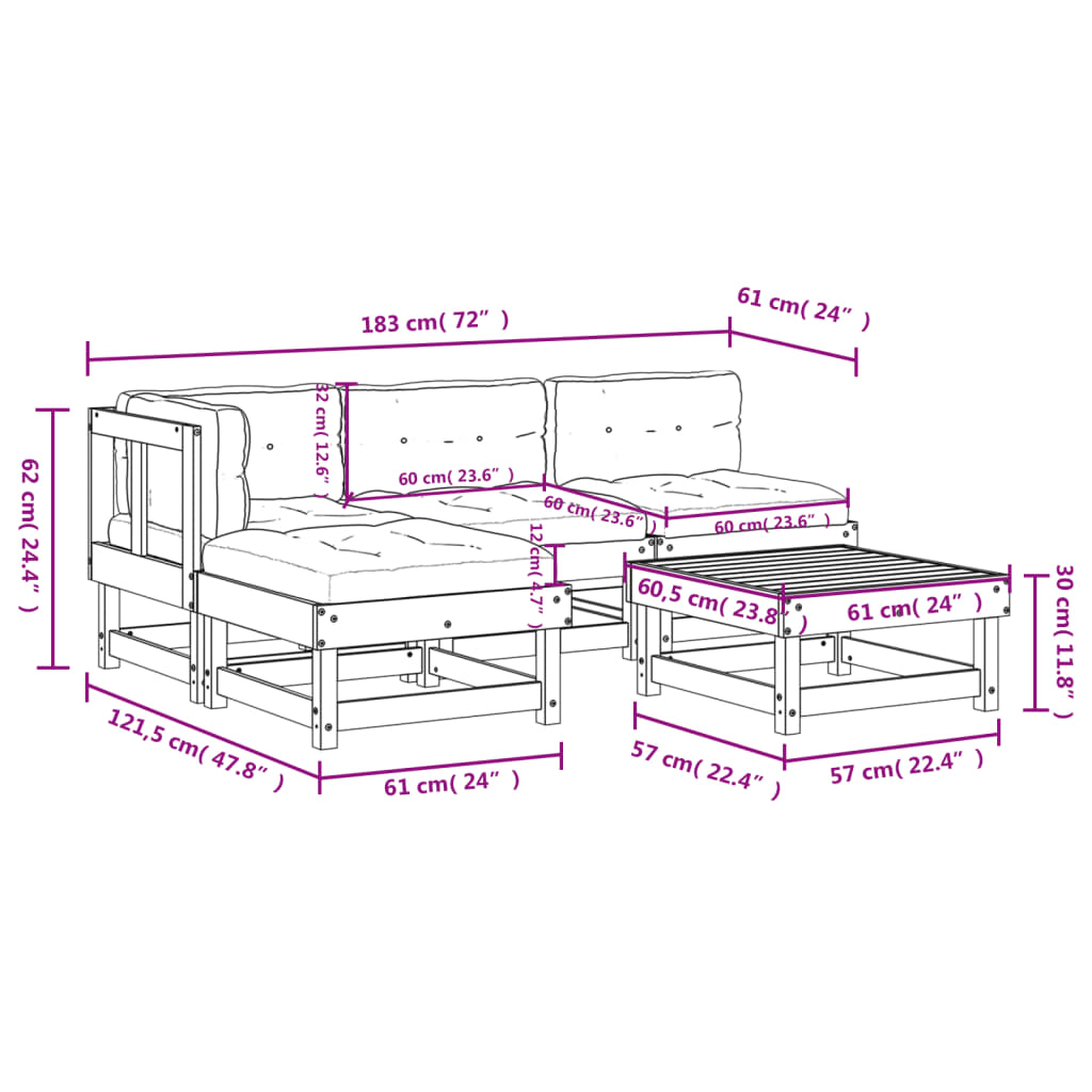 vidaXL Juego de muebles jardín 5 piezas y cojines madera maciza blanco