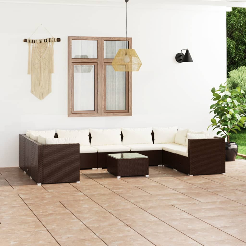 vidaXL Set muebles de jardín 10 pzas y cojines ratán sintético marrón