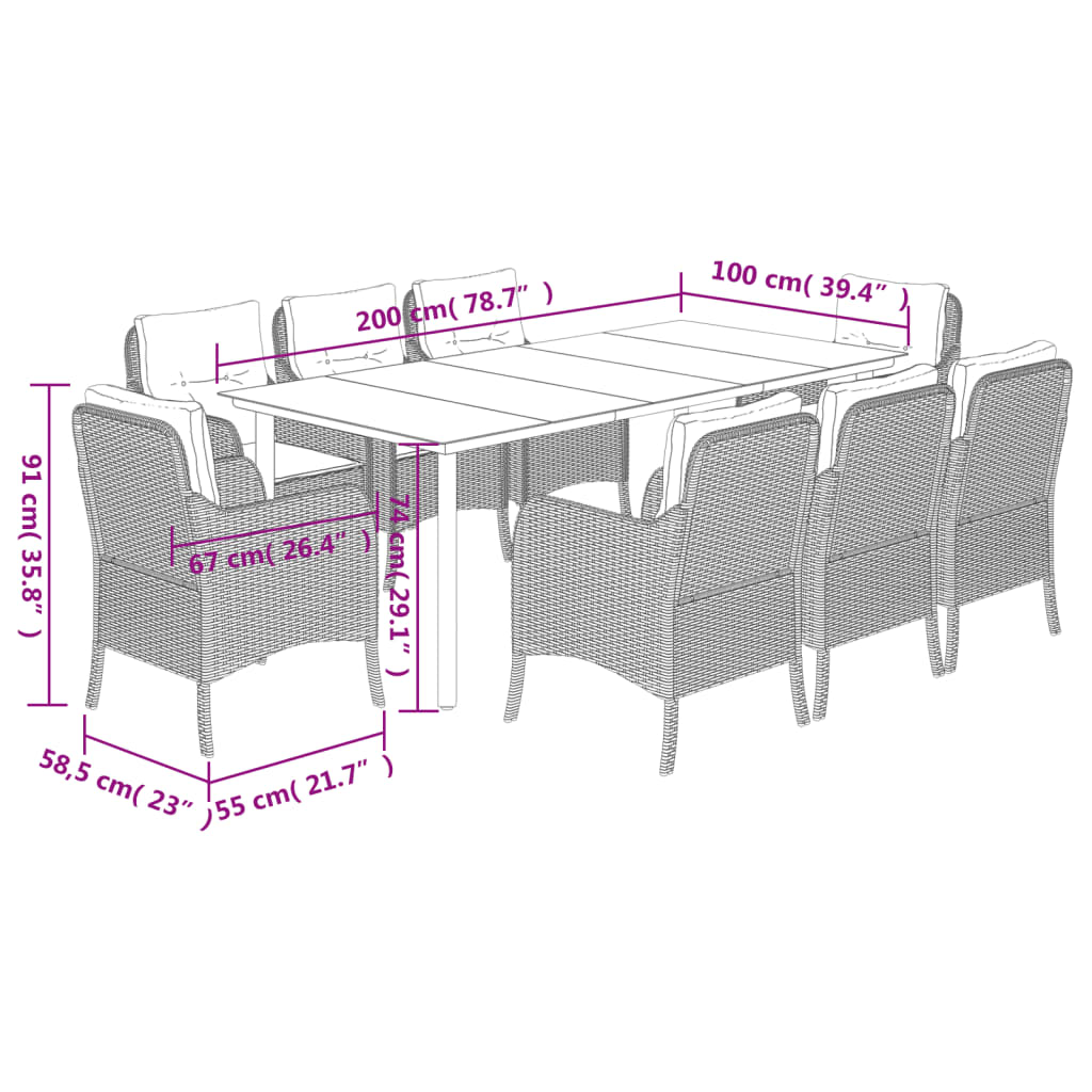 vidaXL Set comedor jardín 9 pzas y cojines ratán sintético gris