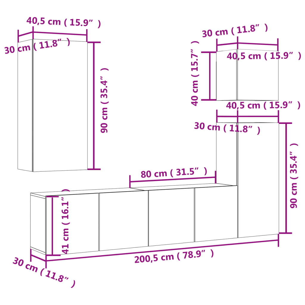 vidaXL Muebles de TV de pared 5 pzas madera de ingeniería gris Sonoma